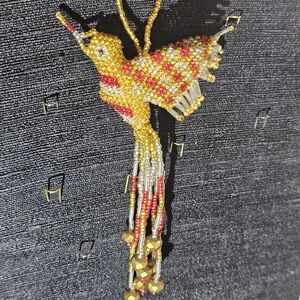 Handcrafted Beaded Bird Ornament - Yellow and Red